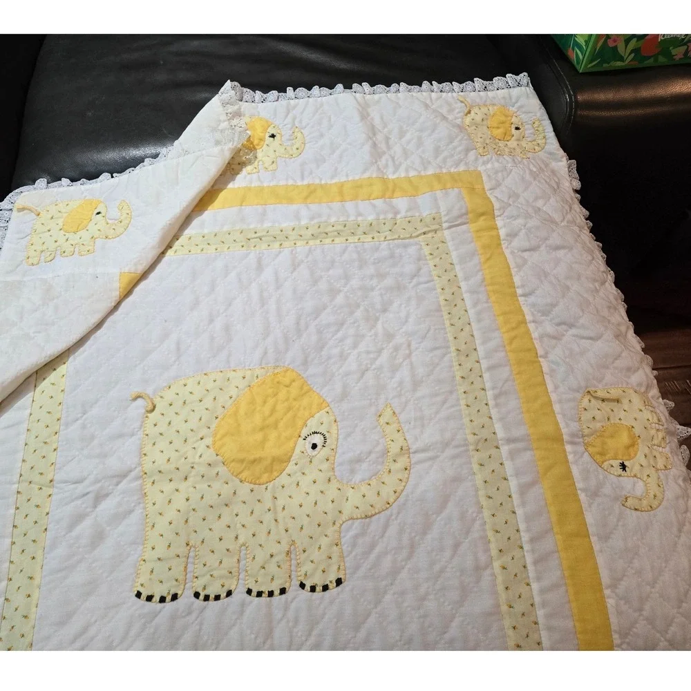 Vintage Yellow White Elephant Baby Quilt Applique Lace 40